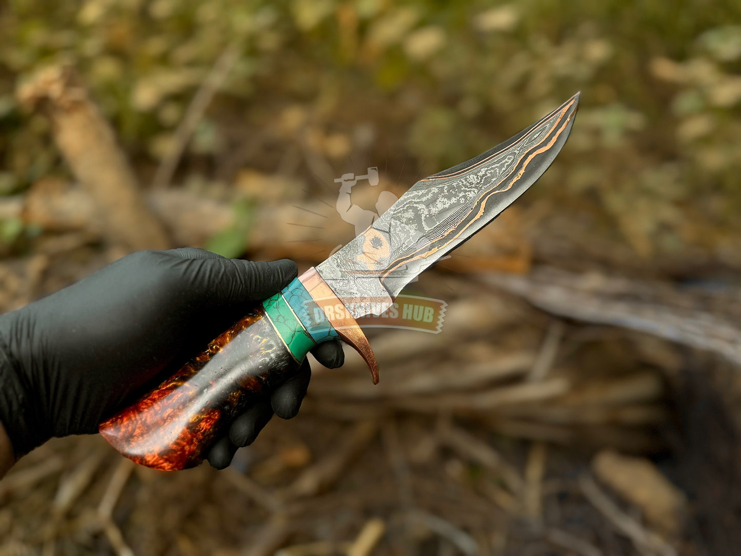 Hand Forged Copper Damascus Knife | Full Tang 12” Bowie | Resin & Stone Handle | Handmade Leather Sheath | DRSKNIVES HUB