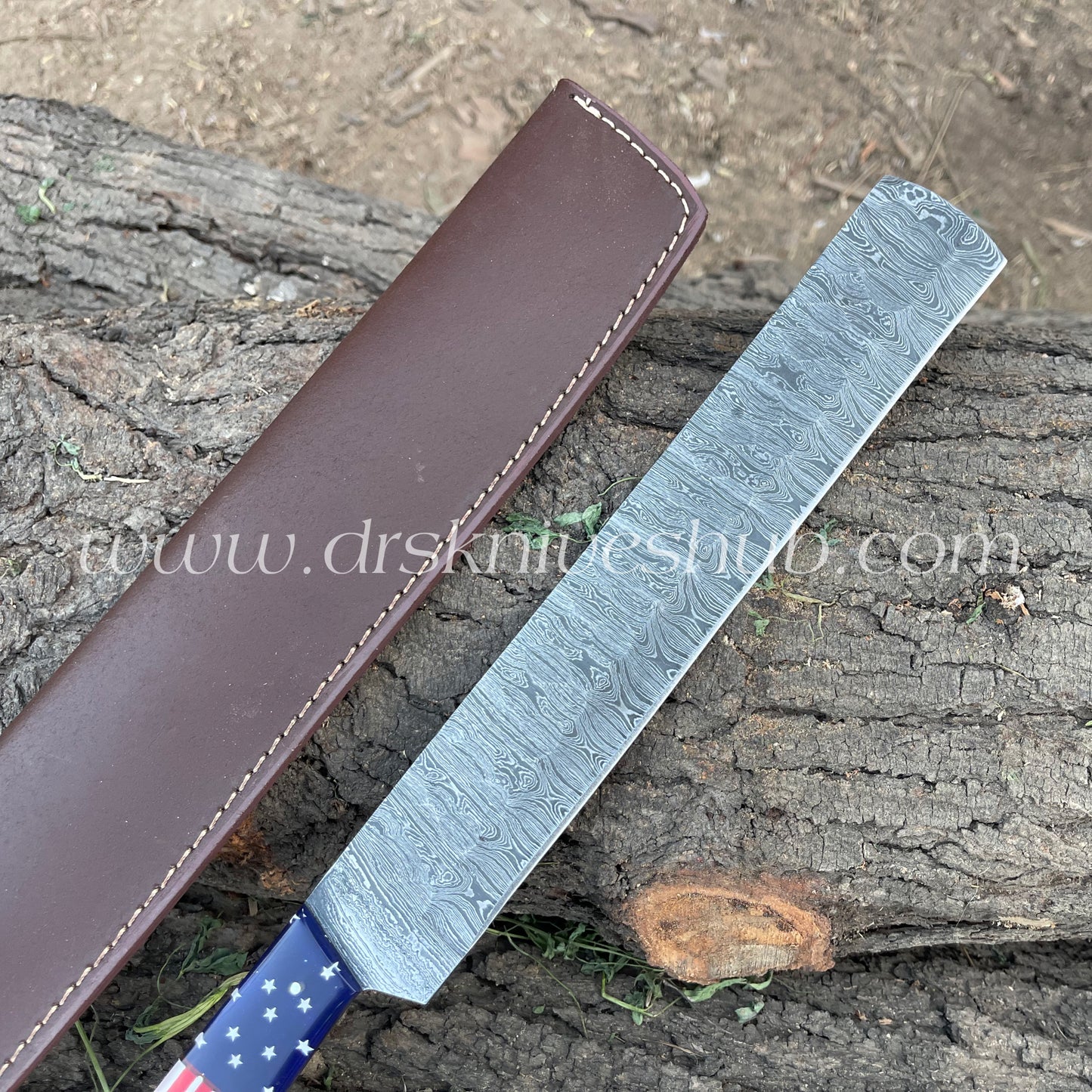 Brisket Knife With Leather Cover Custom Made Damascus Steel Blade BBQ Knife Bread Knife. Christmas Gift