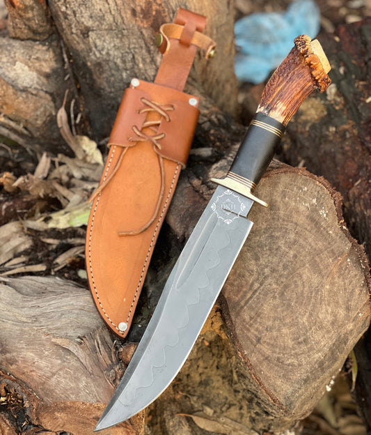 Antler Horn Handle Heavy Duty Hunting Bowie Knife With Leather Sheath Cover