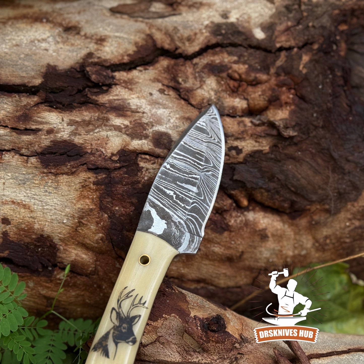Handmade Damascus Hunting Skinner Knife Bone Handle with Deer Print | DRSKNIVES HUB