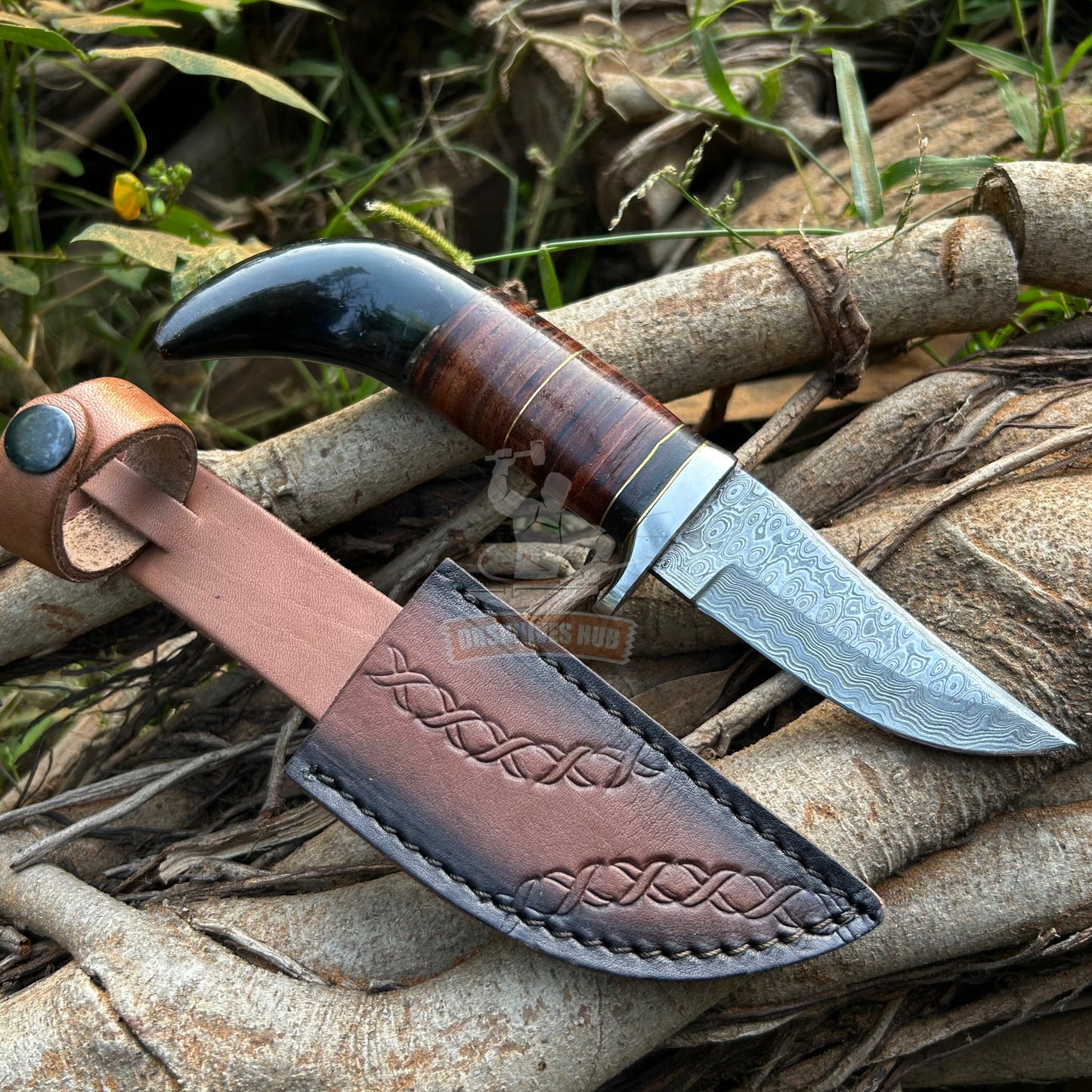 Handmade Damascus Steel Skinning Knife | Buffalo Horn & Leather Handle | DRSKNIVES HUB