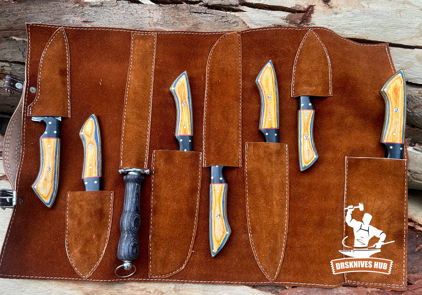 Handmade Damascus Kitchen Knife Set – 8-Piece Chef Knives with Leather Roll Kit | Drs Knives Hub