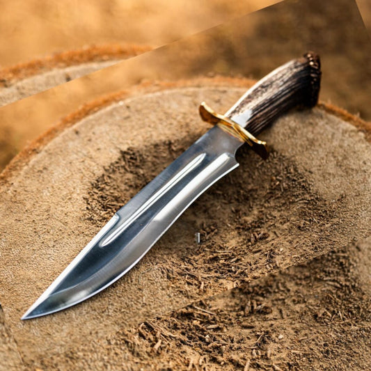 Custom Handmade Bowie Hunting Knife – 15” D2 Steel Blade with Stag Horn Handle & Leather Sheath | DRSKNIVES HUB 