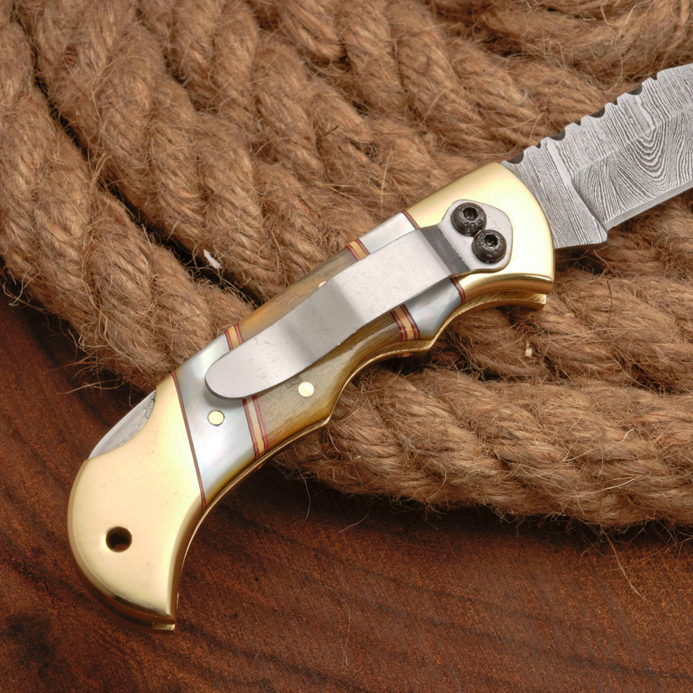 Custom handmade Damascus steel pocket knife with leather pouch || drs knives hub