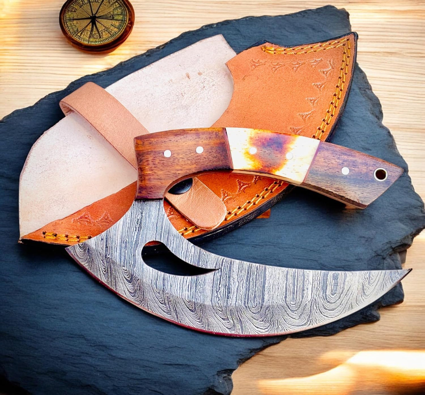 Ulu knife Custom Handmade Damascus Steel Ulu Knife With Leather Sheath Cover Handmade Ulu Knife