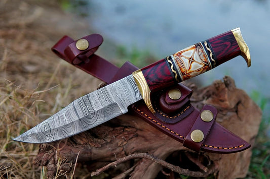 Fixed Blade Damascus Hunting Bowie Knife Camping Adventure knife with Leather Sheath