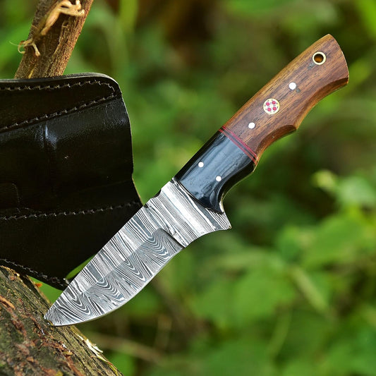 Damascus Steel Survival Knife 8'' Overall Horn And Wood Handle With Sheath || Drs Knives Hub