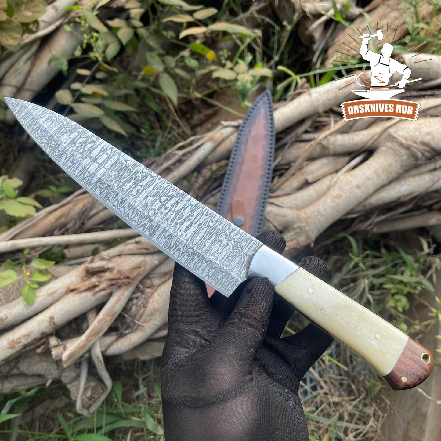 Handmade Damascus Steel Chef Knife | Rosewood & Camel Bone Handle with Leather Sheath | DRSKNIVES HUB