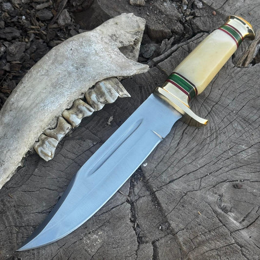 Fixed Blade Knife Crocodile Dundee Knife- D2 Hunting Knife Bone Handle, Camping Knife, Knife with Premium Leather Sheath