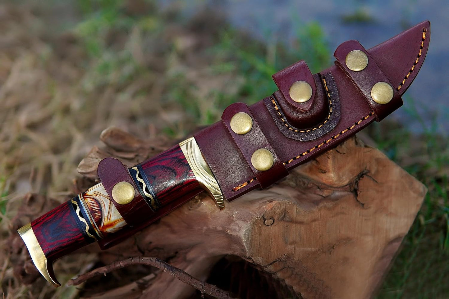 Fixed Blade Damascus Hunting Bowie Knife Camping Adventure knife with Leather Sheath