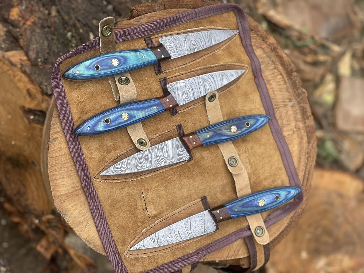 Handmade Damascus Steel Kitchen Steak Knife Set – 4-Piece Blue Wood Handle | DRSKNIVES HUB 