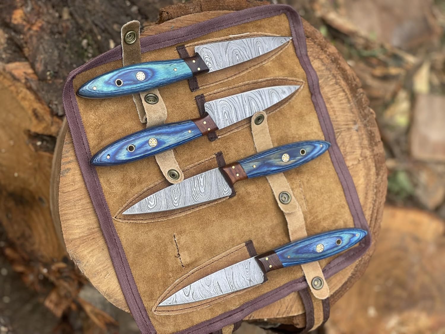 Handmade Damascus Steel Kitchen Steak Knife Set – 4-Piece Blue Wood Handle | DRSKNIVES HUB 