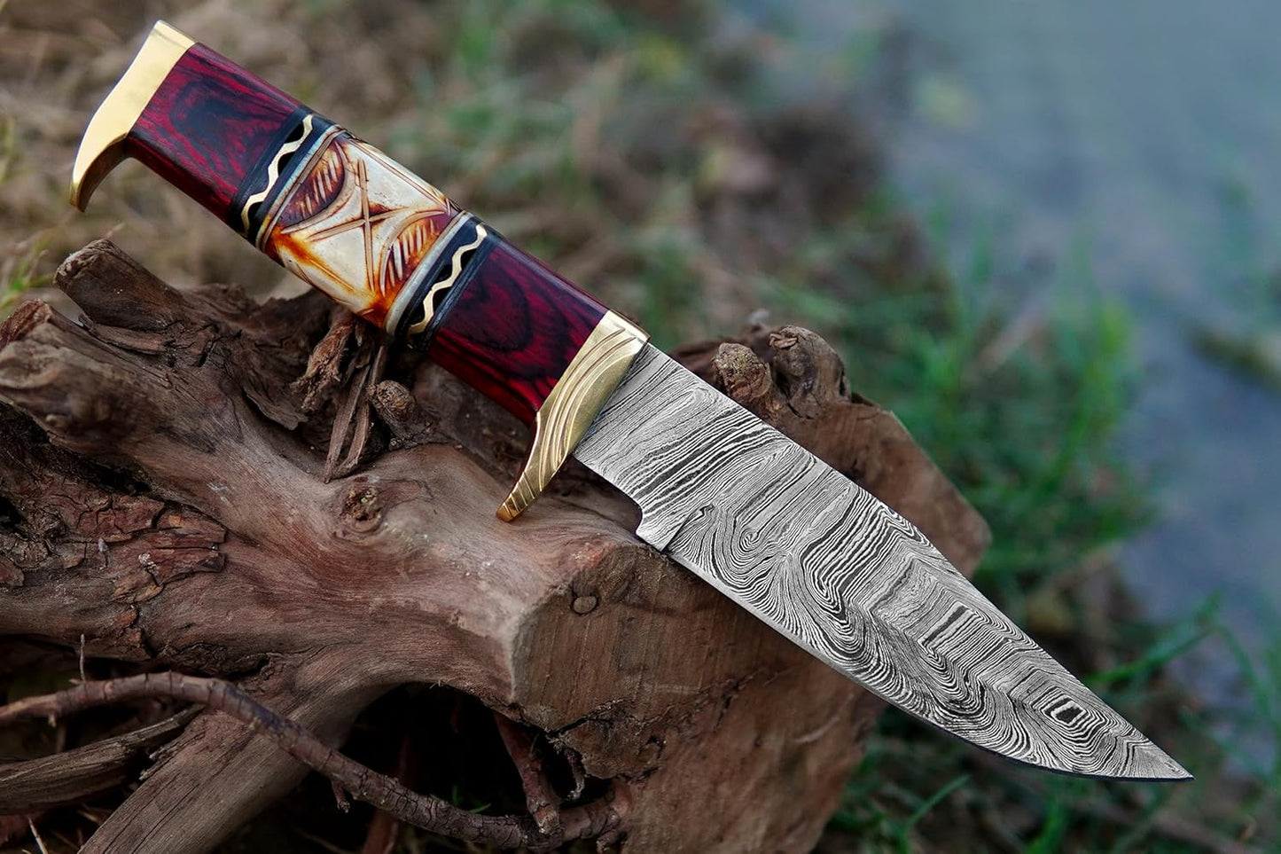 Fixed Blade Damascus Hunting Bowie Knife Camping Adventure knife with Leather Sheath