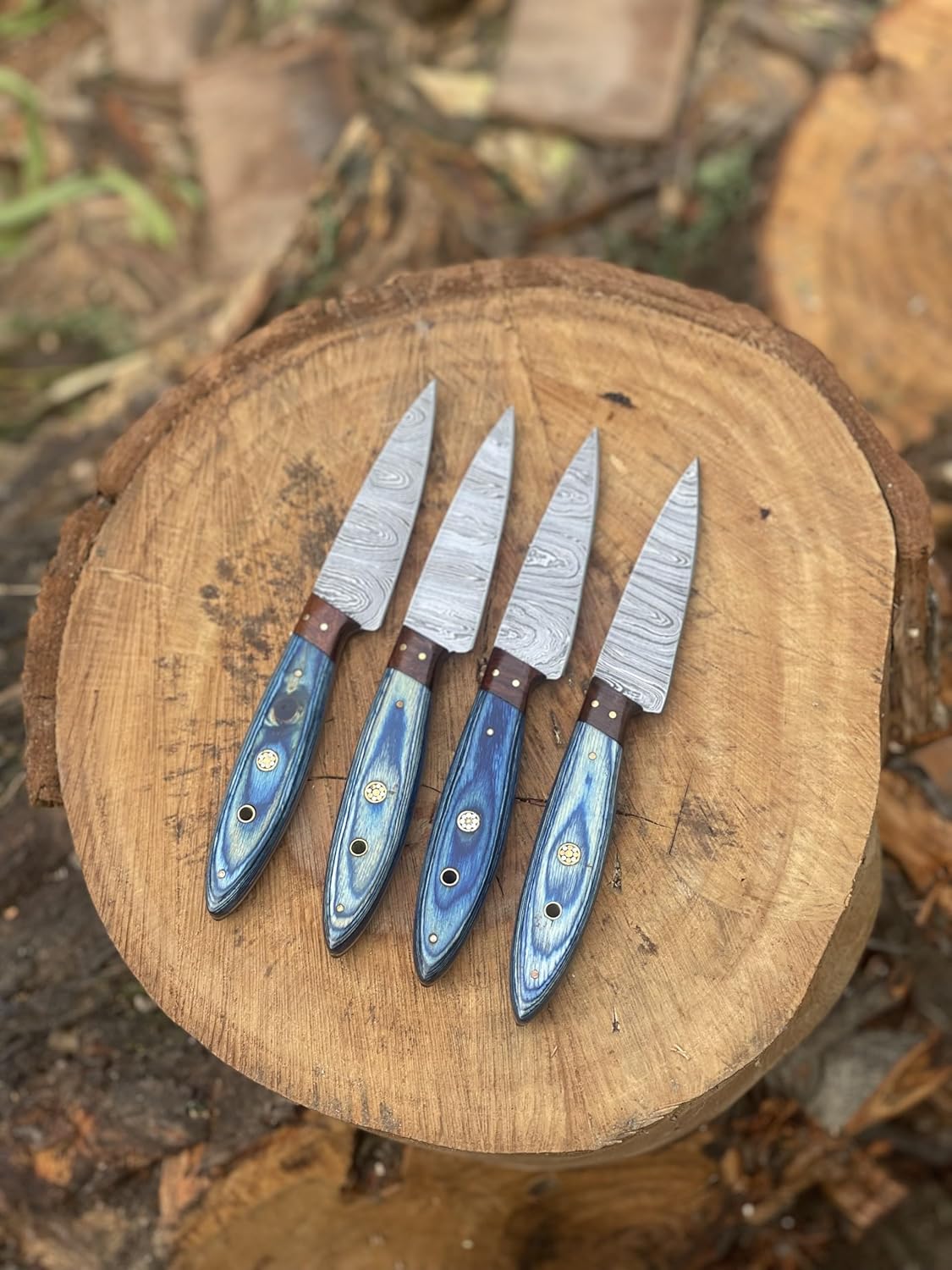 Handmade Damascus Steel Kitchen Steak Knife Set – 4-Piece Blue Wood Handle | DRSKNIVES HUB 