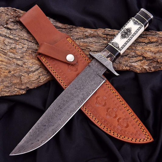 Handmade Damascus Steel Bowie Knife – Hand-Forged Hunting Knife with Camel Bone Handle & Premium Leather Sheath | DRSKNIVES HUB 