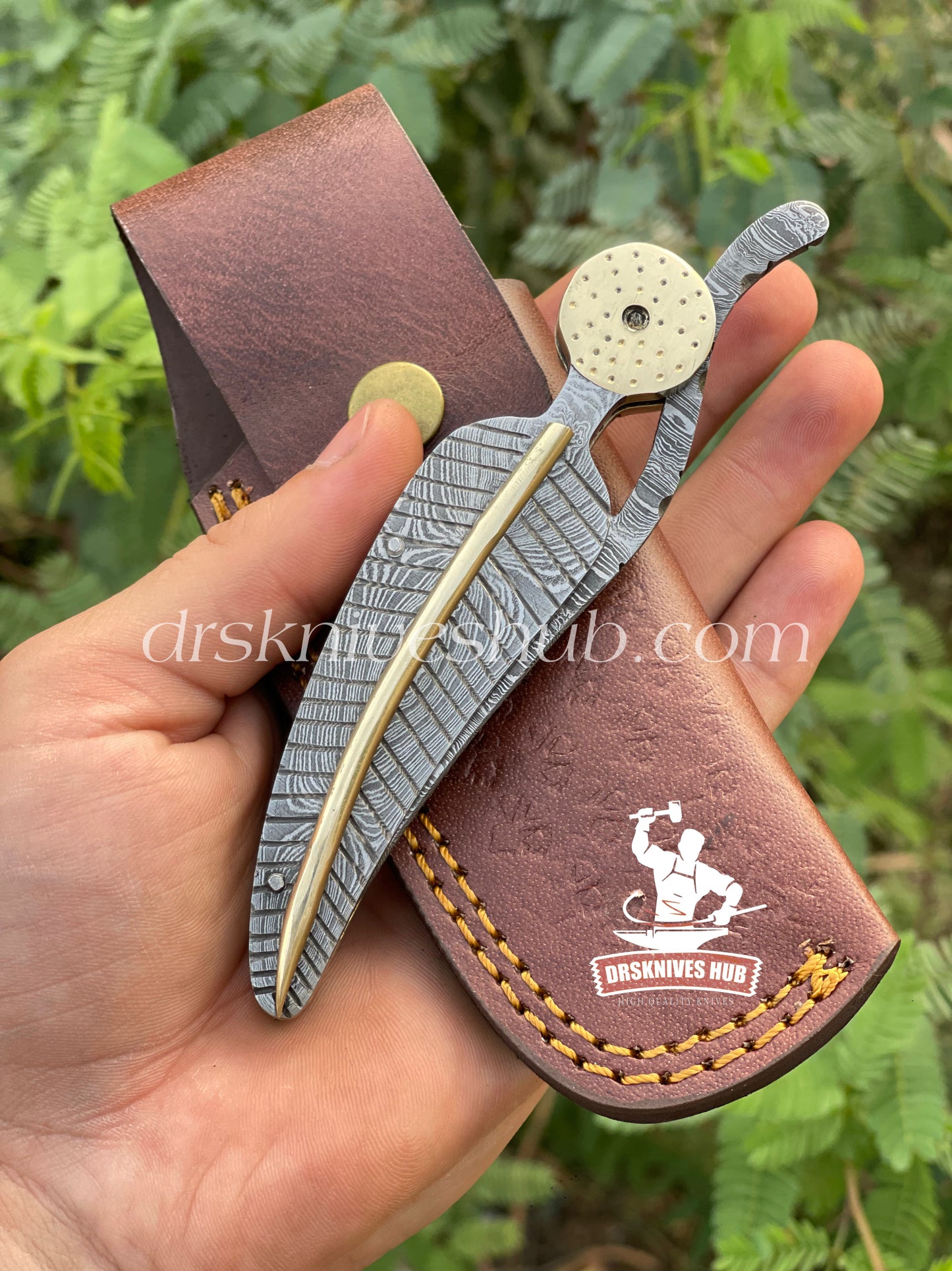 Fully Damascus Steel Handmade Folding Pocket Knife With Leather Pouch Camping knife