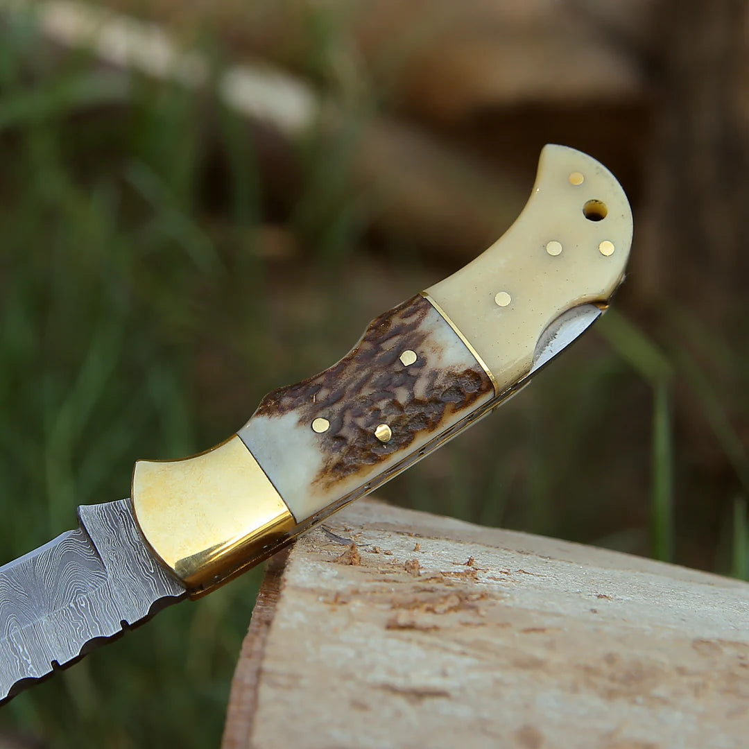 ANTLER HORN HANDLE DAMASCUS POCKET KNIFE WITH || DRS KNIVES HUB