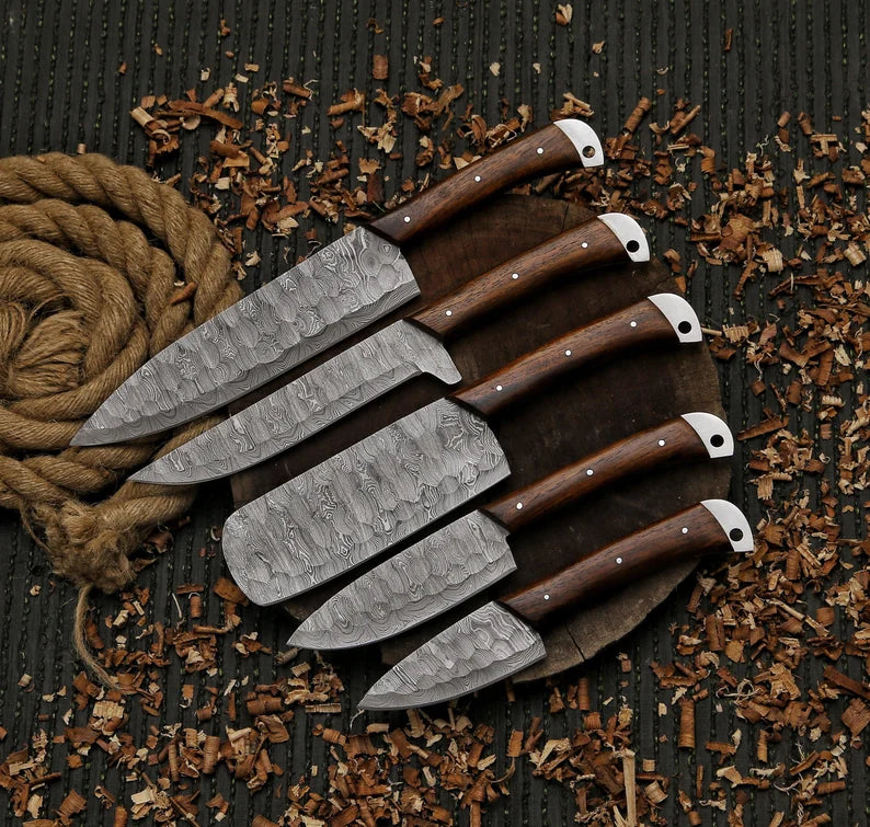 Rose Wood Handle Handmade Damascus Steel Chef Set With Leather Roll kit Bag