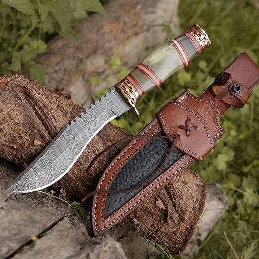 HANDMADE DAMASCUS STEEL KUKRI KNIFE WITH LEATHER SHEATH || DRS KNIVES HUB