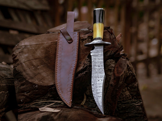 Hand-Forged Damascus Steel Bowie Knife with Brass and Bone Handle & Leather Sheath