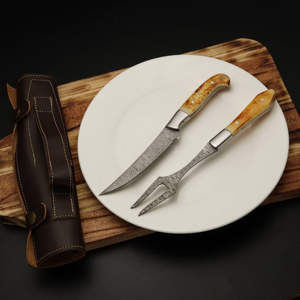 Bone handle craving knife pair with leather sheath wrap|| Drs Knives Hub