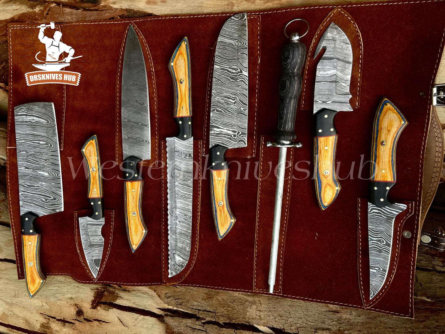 Handmade Damascus Kitchen Knife Set – 8-Piece Chef Knives with Leather Roll Kit | Drs Knives Hub