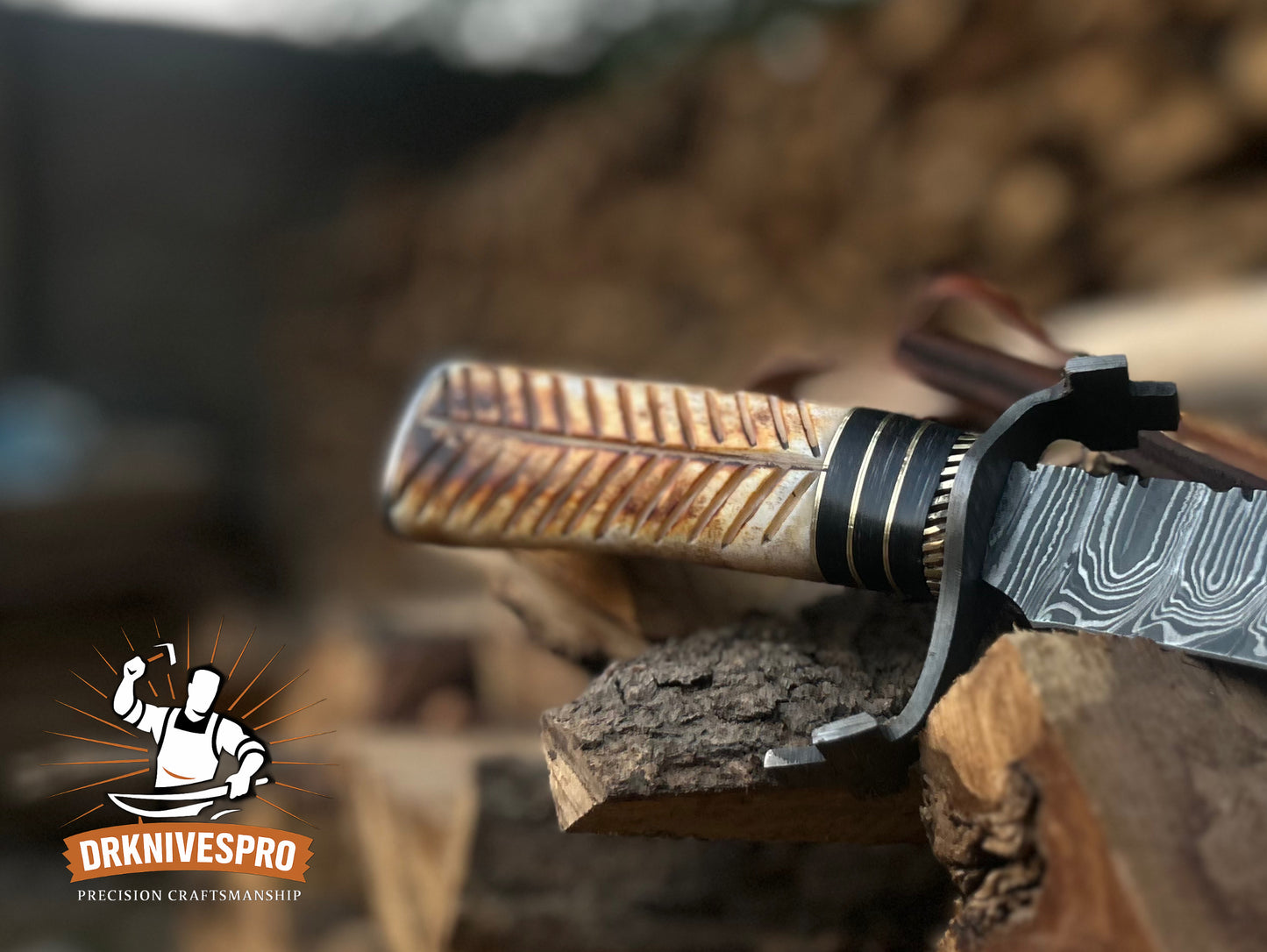 14” Custom Handmade Damascus Steel Bowie Knife – Fire Bone Handle with Leather Sheath | DRSKNIVES HUB