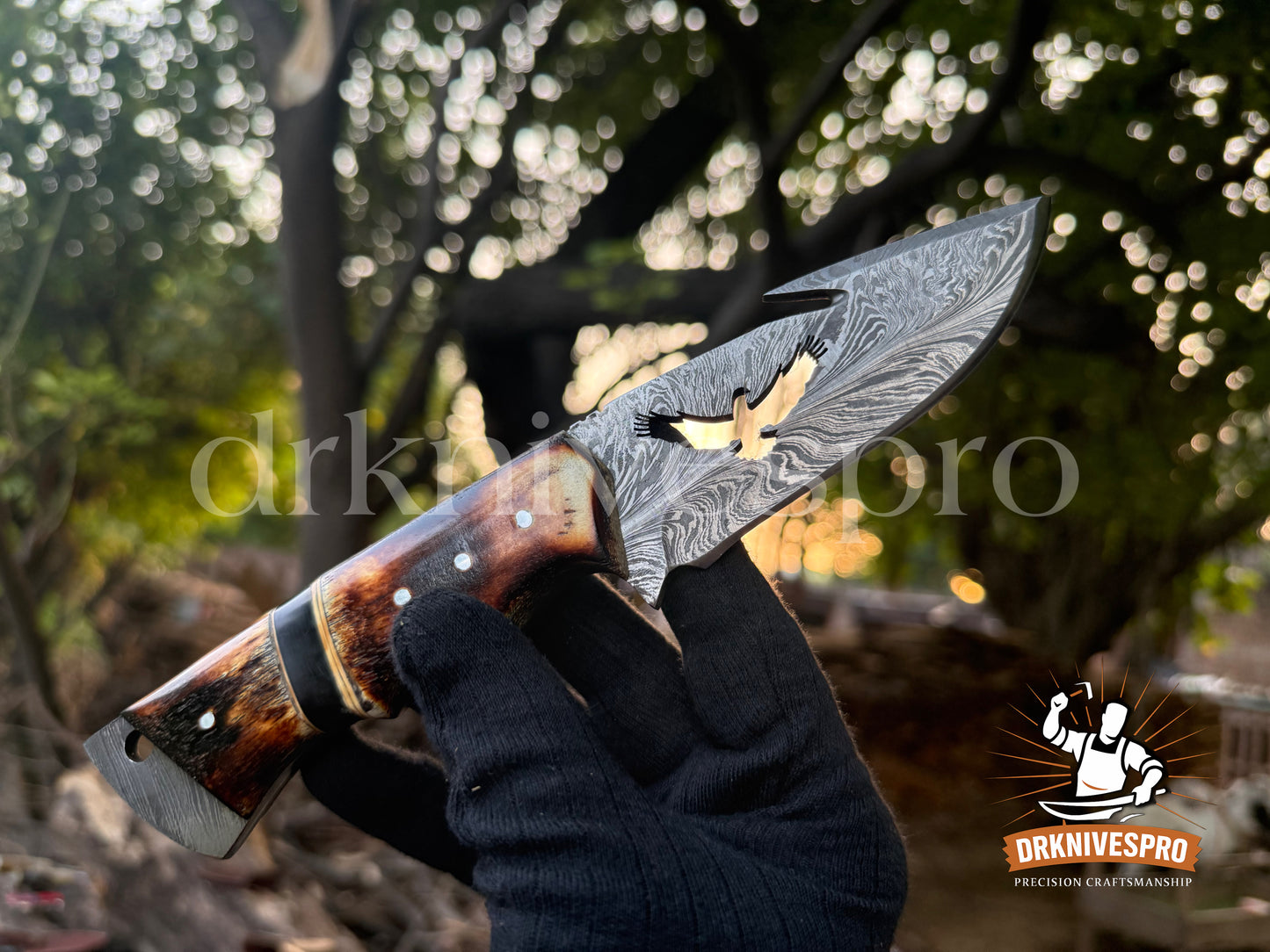 Personalized Hunting Knife Handcrafted Damascus Steel + Antler Handle With Leather Sheath