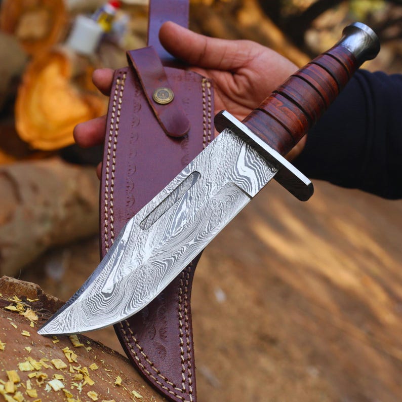 HUNTING BOWIE KNIFE HANDMADE DAMASCUS STEEL BLADE || DRS KNIVES HUB