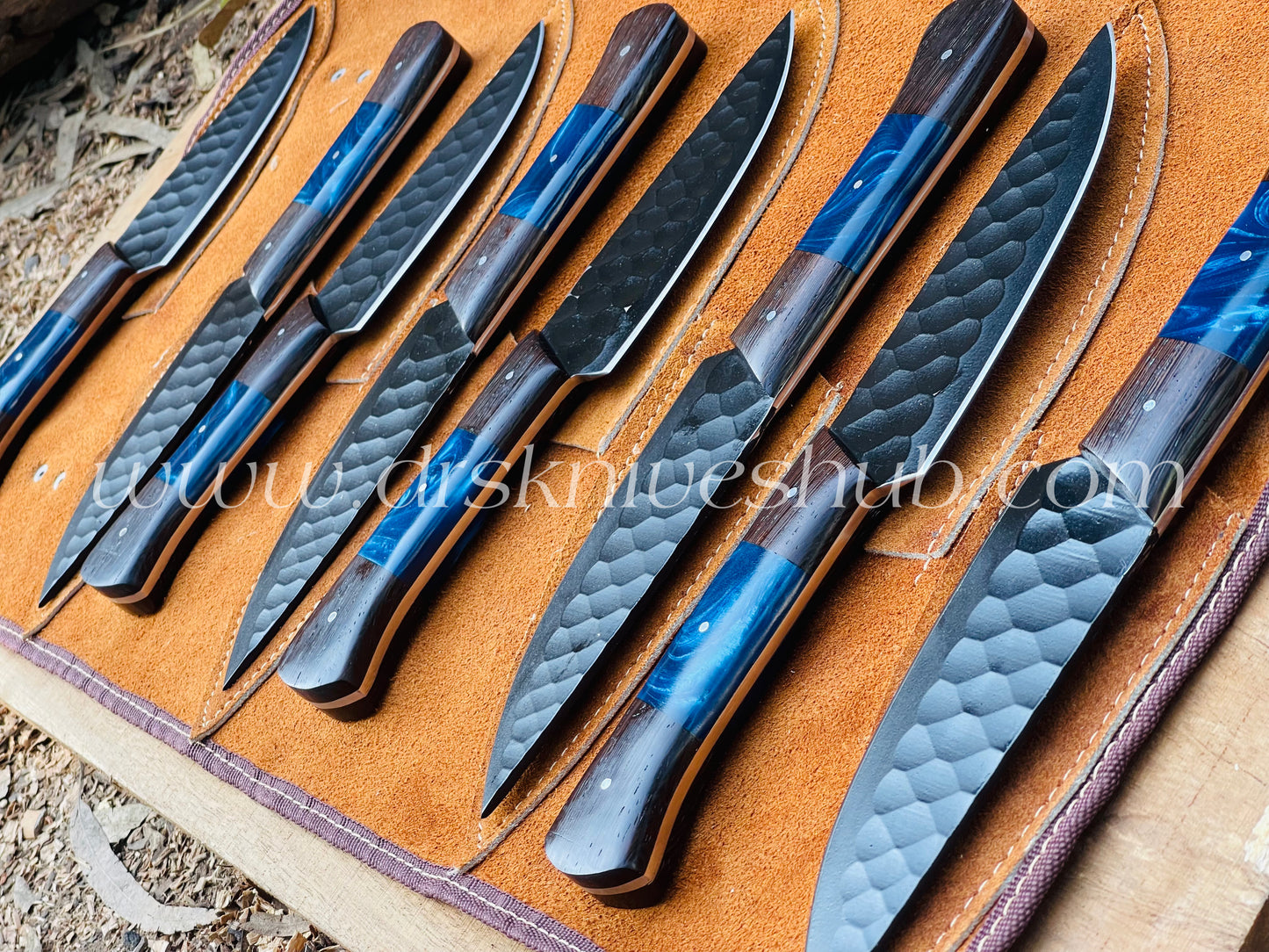 8pcs Handmade Carbon Steel powder Coated Blade Steaks Knife, BBQ knife With Leather Roll Kit