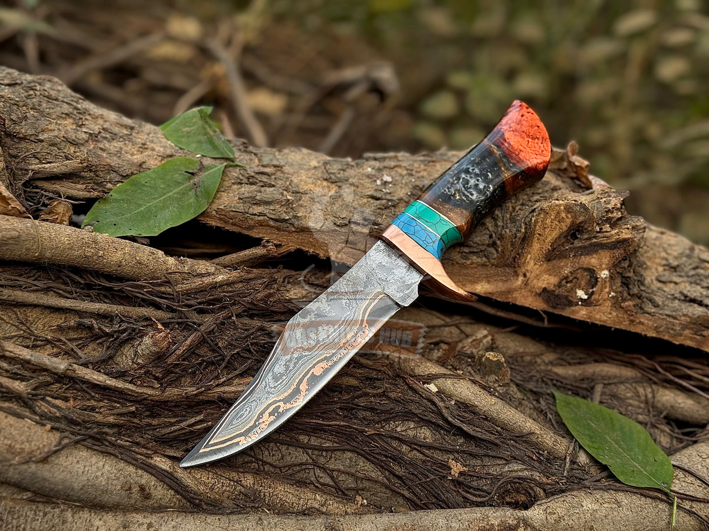 Hand Forged Copper Damascus Knife | Full Tang 12” Bowie | Resin & Stone Handle | Handmade Leather Sheath | DRSKNIVES HUB