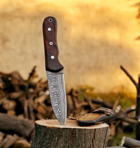 Full Tang Handmade Damascus Steel Blade Rose Wood Handle Hunting Knife With Leather Sheath Cover