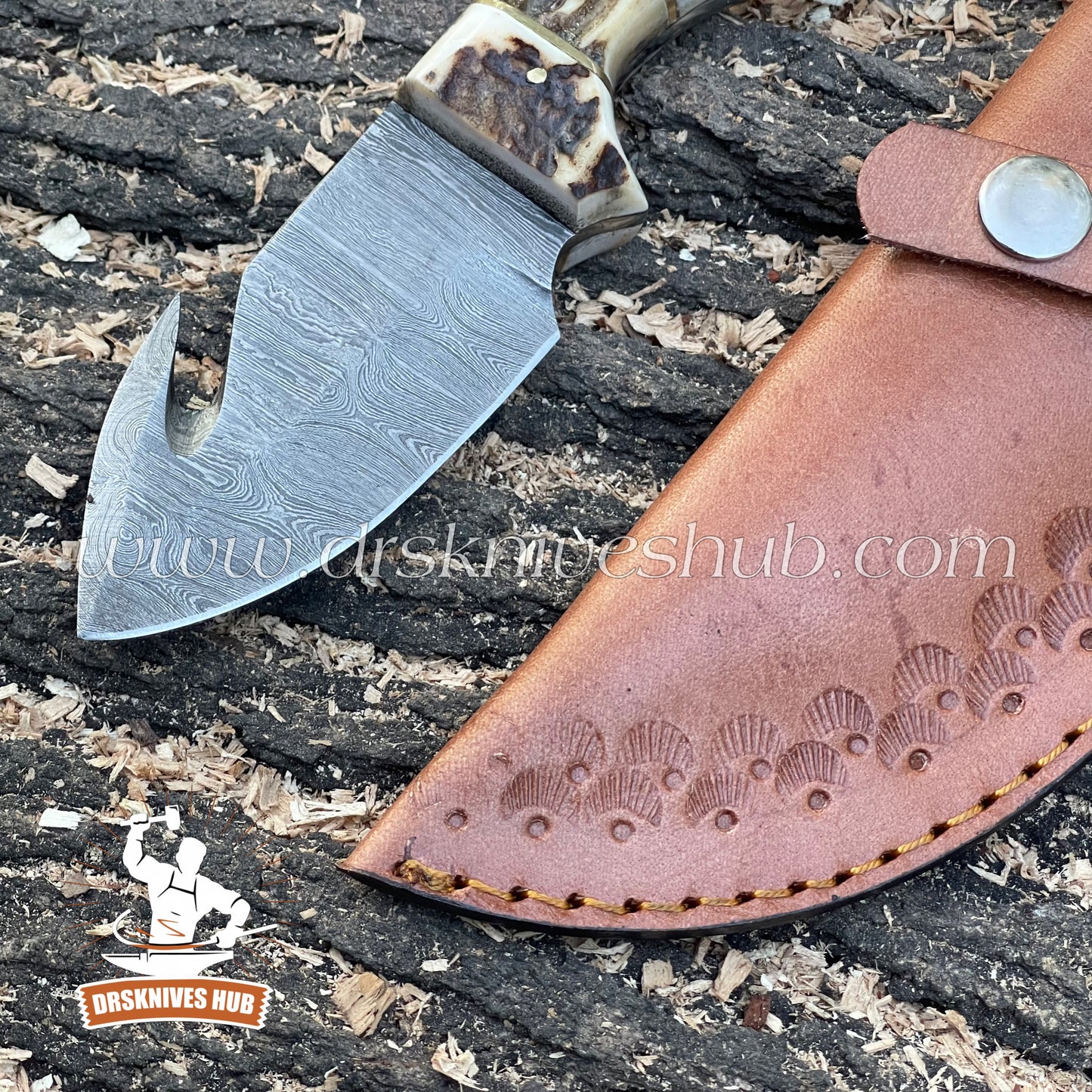 Custom Handmade Damascus Steel Blade Gut Hook Skinning Knife With Leather Sheath pouch