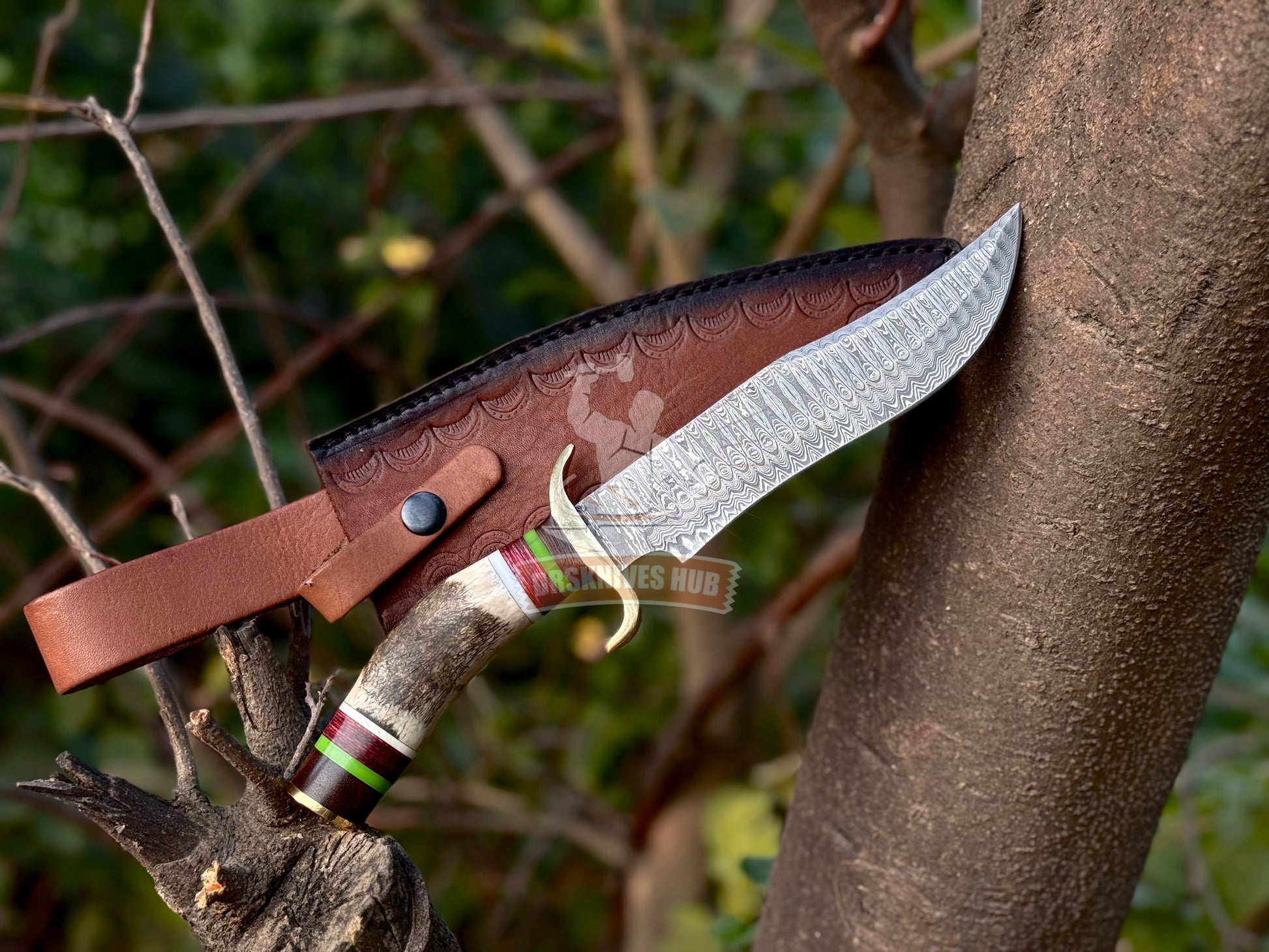 Handmade Damascus Bowie Knife – 12” Stag Handle Hunting Knife with Leather Sheath | DRSKNIVES HUB 