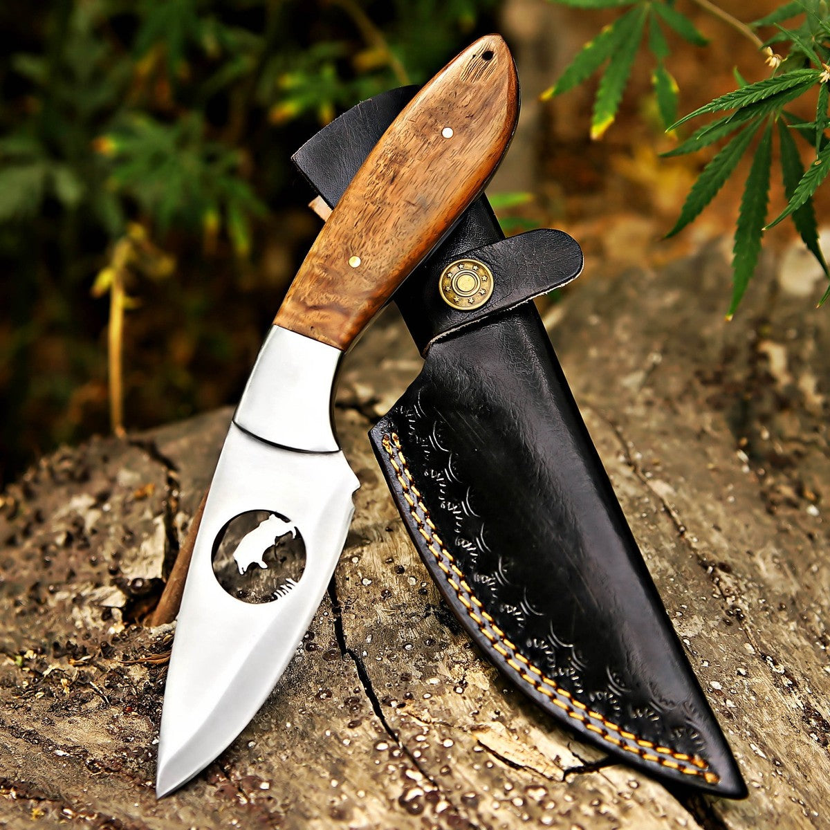 J2 Steel Skinner Knife 9" – Walnut Wood Handle Wolf Cutout | DRSKNIVES HUB