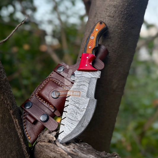 Handmade Damascus Steel Tracker Knife: 10" Hunting Knife with Leather Sheath