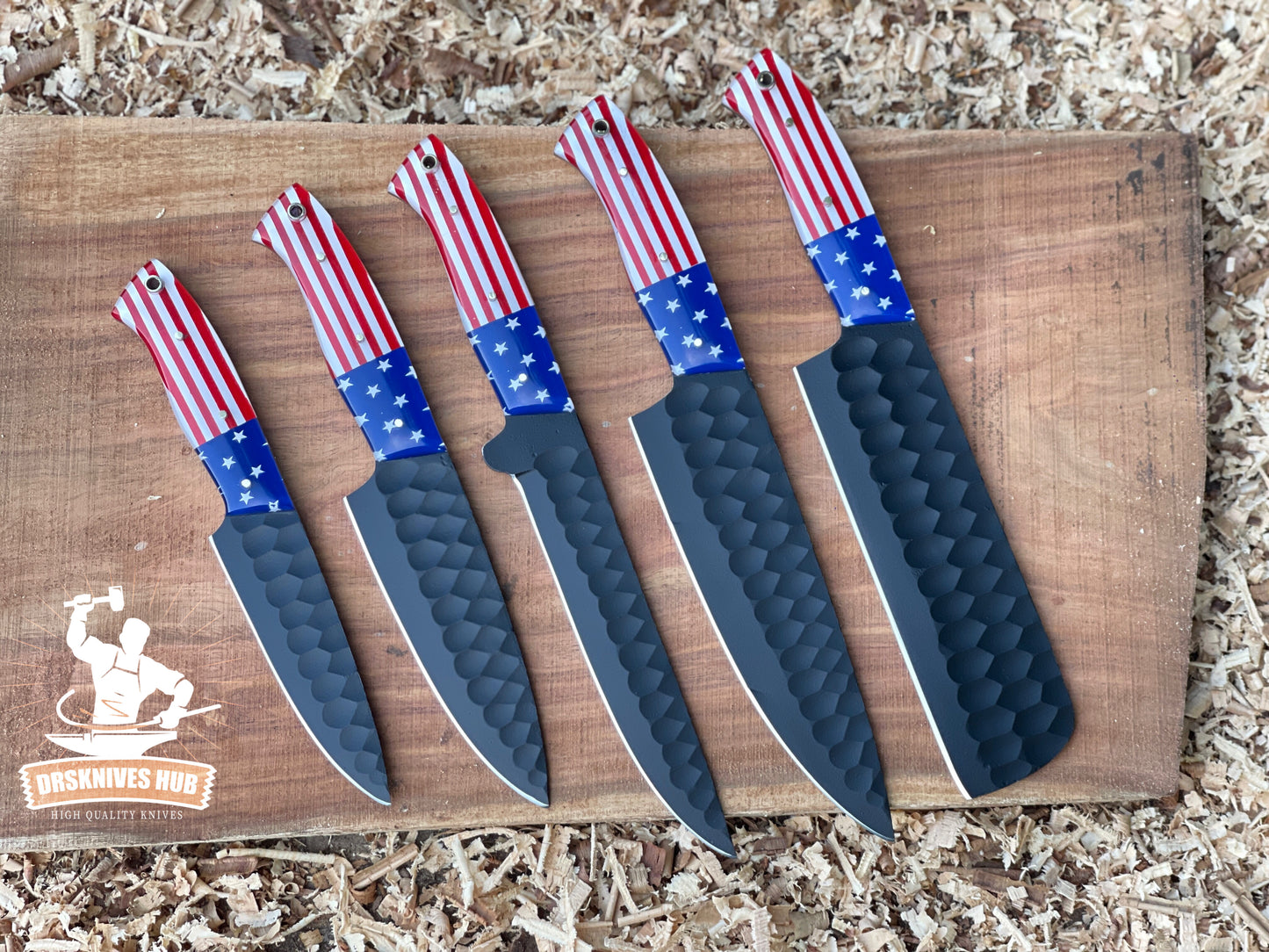 American Flag-Themed Damascus Knife Set