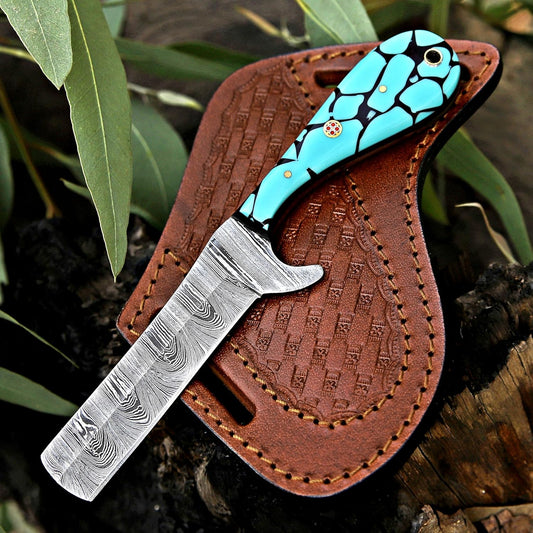 Handmade Damascus Steel Bull Cutter Knife – Cowboy EDC Knife with Pancake Leather Sheath | DRSKNIVES HUB 