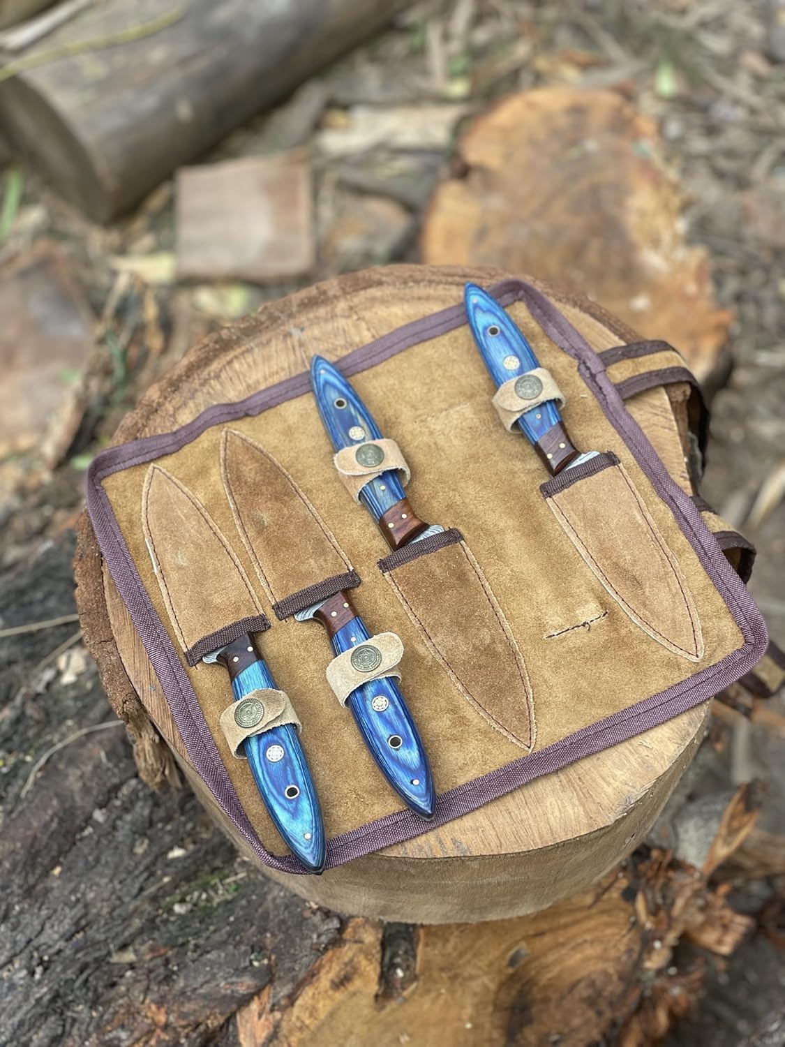 Handmade Damascus Steel Kitchen Steak Knife Set – 4-Piece Blue Wood Handle | DRSKNIVES HUB 