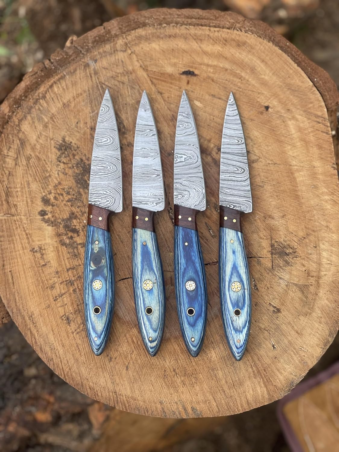 Handmade Damascus Steel Kitchen Steak Knife Set – 4-Piece Blue Wood Handle | DRSKNIVES HUB 