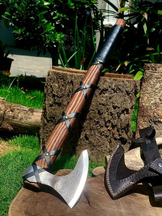 HANDMADE CARBON STEEL VIKING AXE OUTDOOR AXE WITH LEATHER COVER || DRSKNIVES HUB