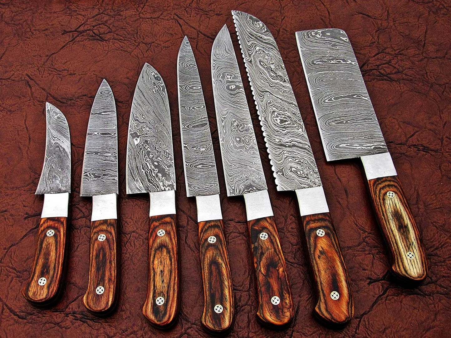 Handmade Damascus Steel Kitchen Chef knife 7 Pices Set, Beautiful Pakka Wood Handle