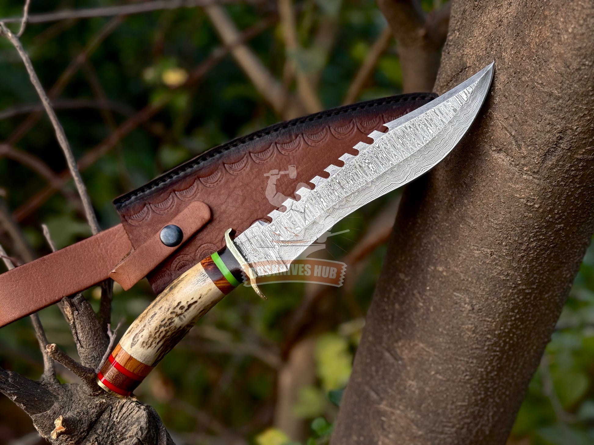 Handmade Damascus Steel Hunting Knife Stag Antler Handle Bowie Knife | DRSKNIVES HUB 