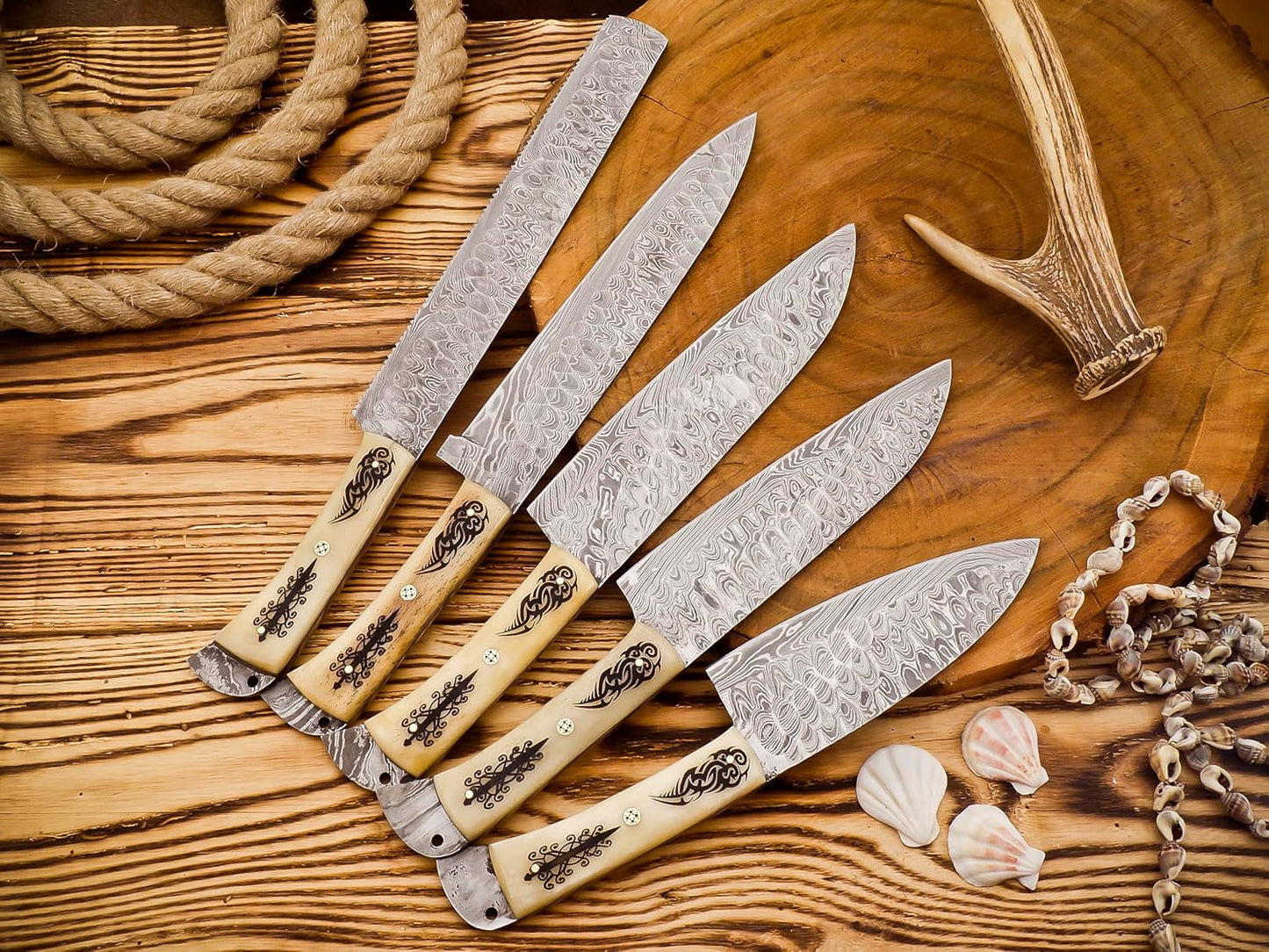 Handmade Damascus Chef Knife Set – 5-Piece Kitchen Knife Collection with Camel Bone Handles & Leather Sheaths | DRSKNIVES HUB