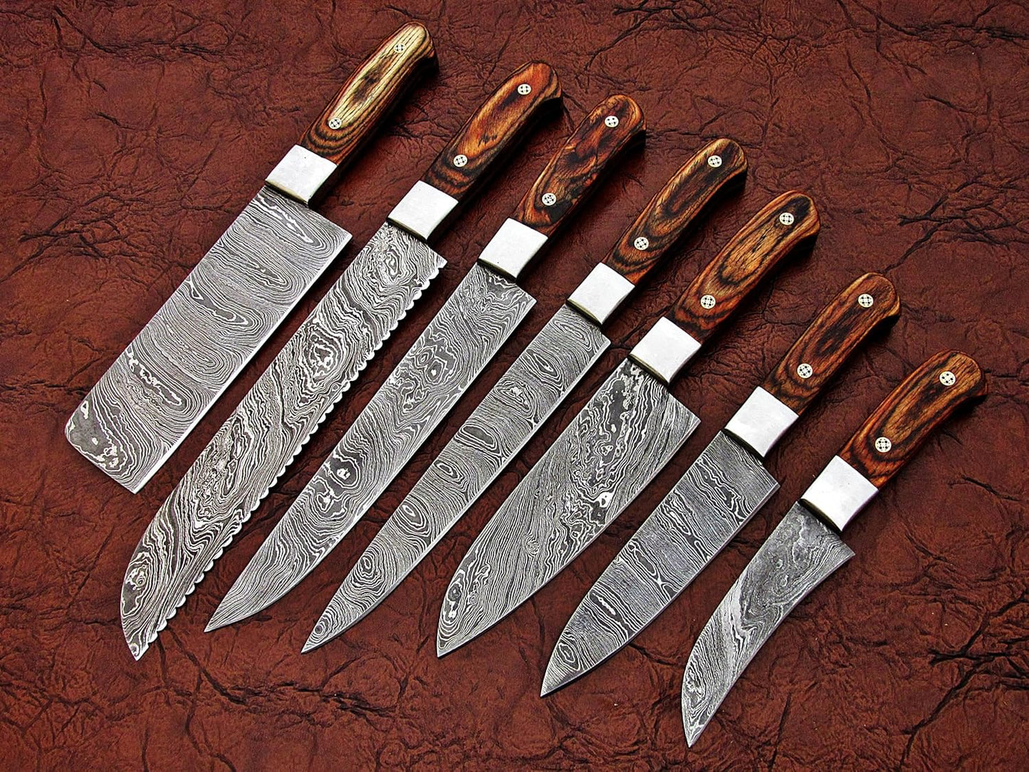 Handmade Damascus Steel Kitchen Chef knife 7 Pices Set, Beautiful Pakka Wood Handle