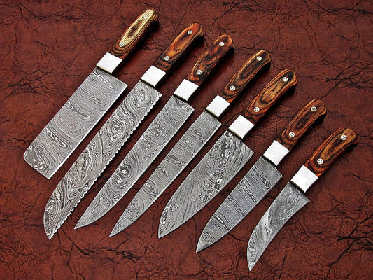 Handmade Damascus Steel Kitchen Chef knife 7 Pices Set, Beautiful Pakka Wood Handle