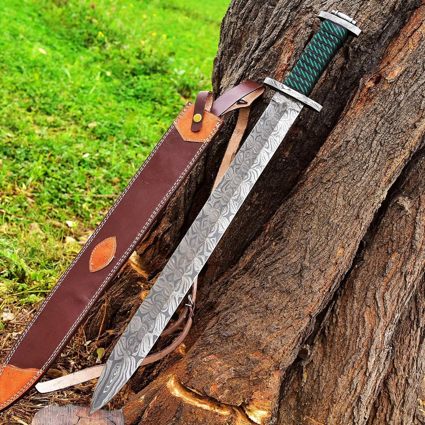 31'' Custom Handmade Damascus Steel Viking Sword – Needle Point Blade with Leather Sheath | DRSKNIVES HUB