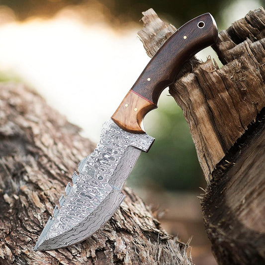 Handmade Damascus Steel Tracker Knife – 10" Outdoor Survival & Camping Knife with Leather Sheath | DRSKNIVES HUB