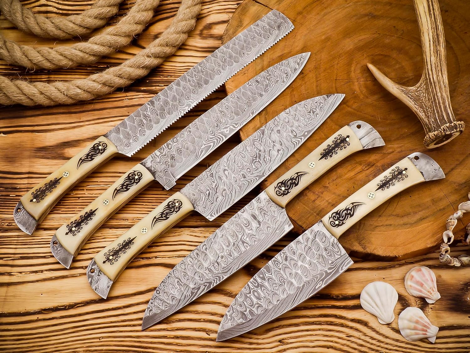 Handmade Damascus Chef Knife Set – 5-Piece Kitchen Knife Collection with Camel Bone Handles & Leather Sheaths | DRSKNIVES HUB