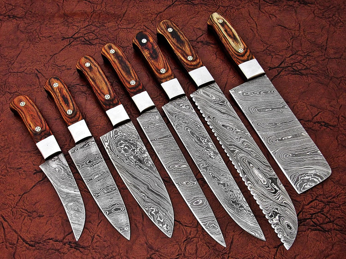 Handmade Damascus Steel Kitchen Chef knife 7 Pices Set, Beautiful Pakka Wood Handle